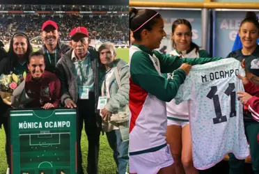 La histórica jugadora mexicana recibió un reconocimiento en la cancha del Estadio Hidalgo.  